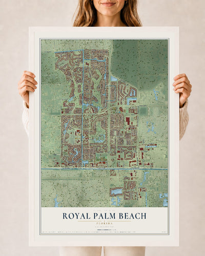 Royal Palm Beach, Florida map print, 24" x 36" W/ White Ayous Wood Frame mockup