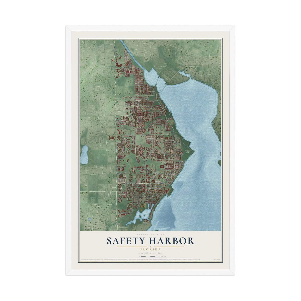 Safety Harbor, Florida map print, 12" x 18" W/ White Ayous Wood Frame mockup