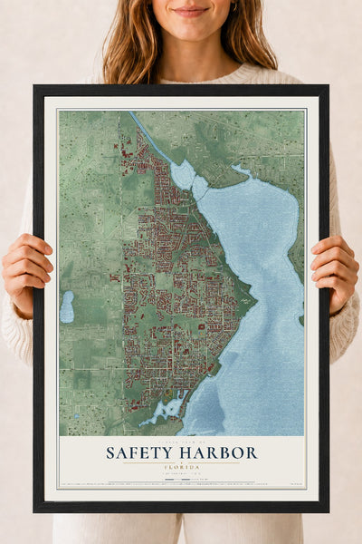 Safety Harbor, Florida map print, 18" x 24" W/ Black Ayous Wood Frame mockup