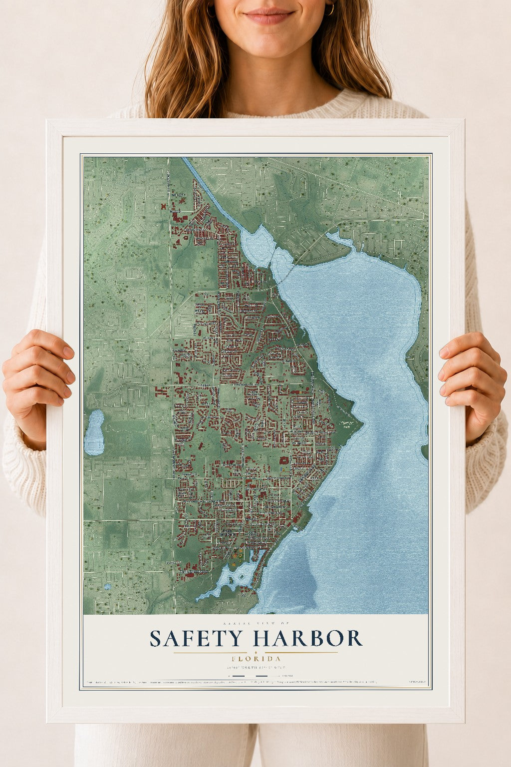 Safety Harbor, Florida map print, 18" x 24" W/ White Ayous Wood Frame mockup