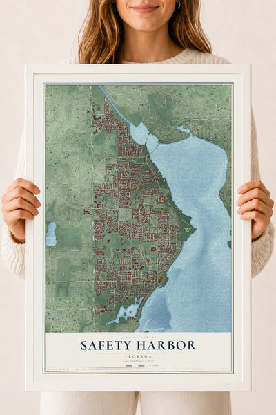 Safety Harbor, Florida map print, 18" x 24" W/ White Ayous Wood Frame mockup
