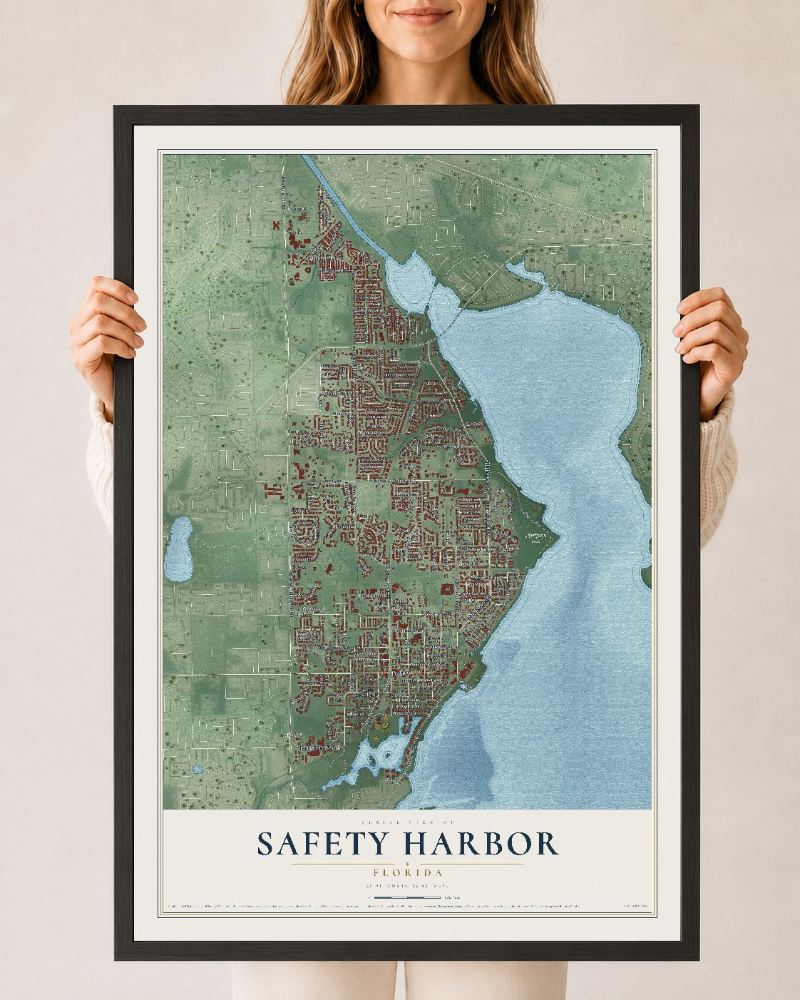 Safety Harbor, Florida map print, 24" x 36" W/ Black Ayous Wood Frame mockup