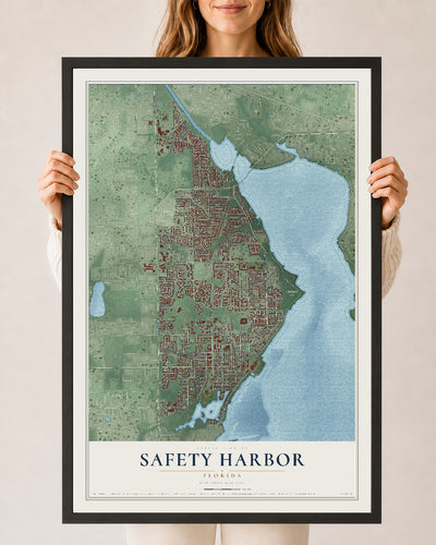 Safety Harbor, Florida map print, 24" x 36" W/ Black Ayous Wood Frame mockup