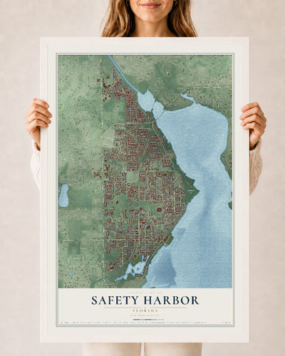Safety Harbor, Florida map print, 24" x 36" W/ White Ayous Wood Frame mockup