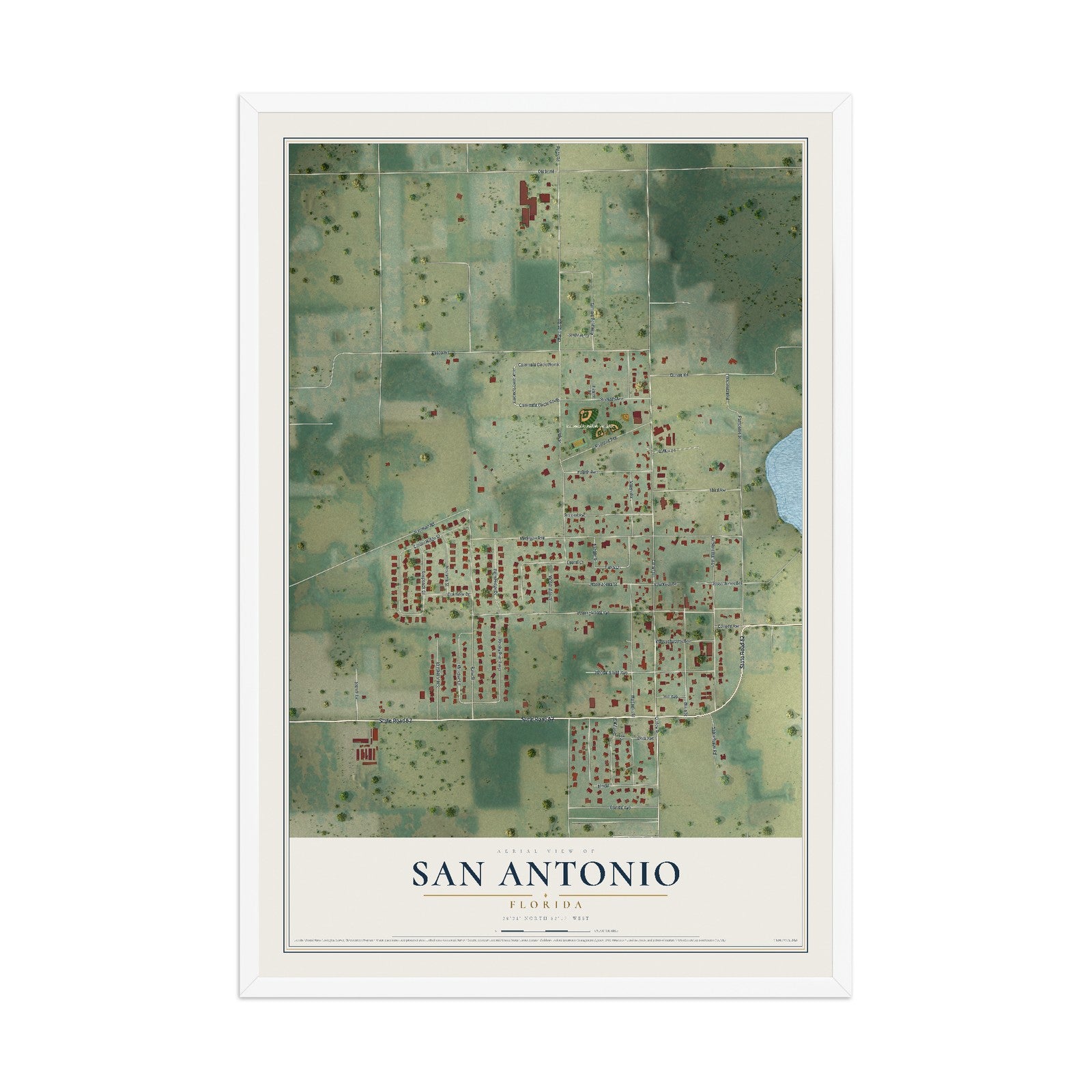 San Antonio, Florida map print, 12" x 18" W/ White Ayous Wood Frame mockup
