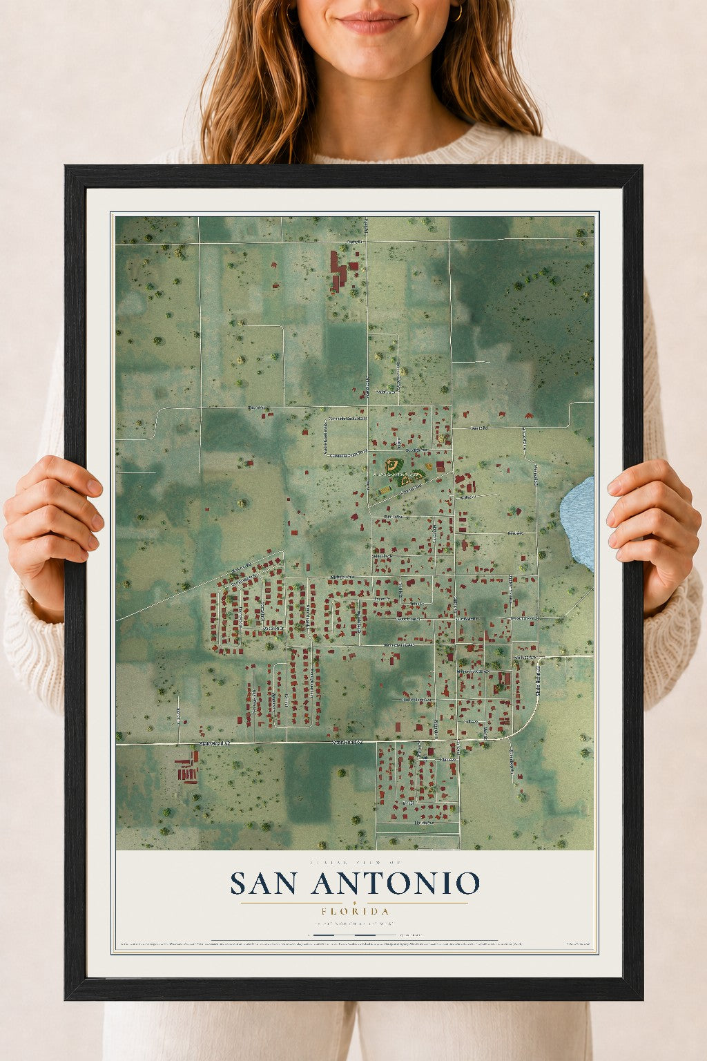 San Antonio, Florida map print, 18" x 24" W/ Black Ayous Wood Frame mockup