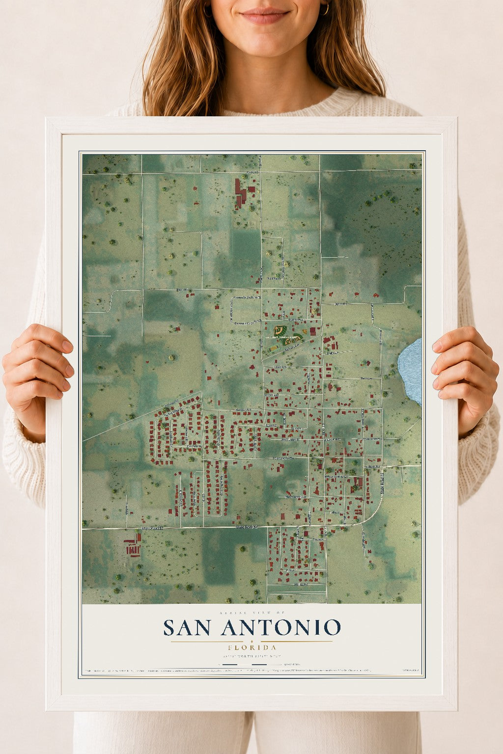 San Antonio, Florida map print, 18" x 24" W/ White Ayous Wood Frame mockup