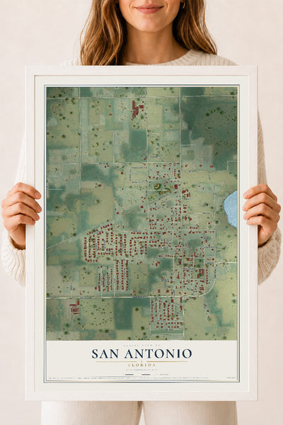 San Antonio, Florida map print, 18" x 24" W/ White Ayous Wood Frame mockup