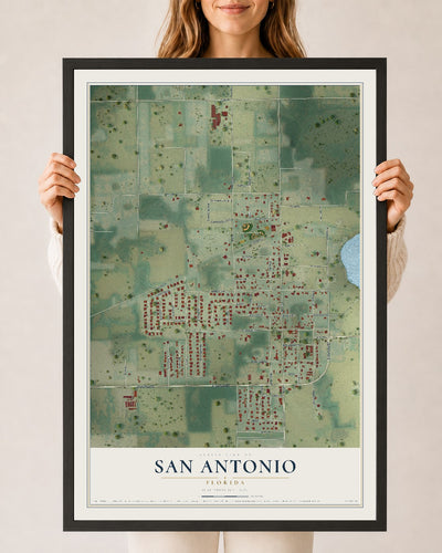 San Antonio, Florida map print, 24" x 36" W/ Black Ayous Wood Frame mockup