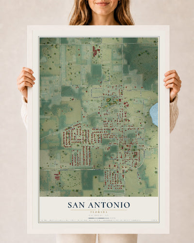 San Antonio, Florida map print, 24" x 36" W/ White Ayous Wood Frame mockup