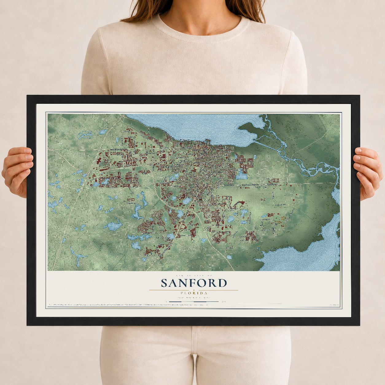 Sanford, Florida map print, 12" x 18" W/ Black Ayous Wood Frame mockup
