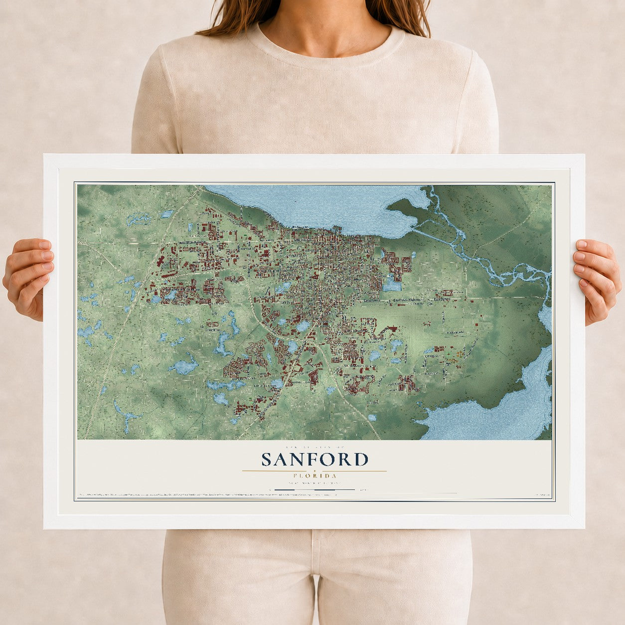 Sanford, Florida map print, 12" x 18" W/ White Ayous Wood Frame mockup