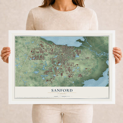 Sanford, Florida map print, 12" x 18" W/ White Ayous Wood Frame mockup