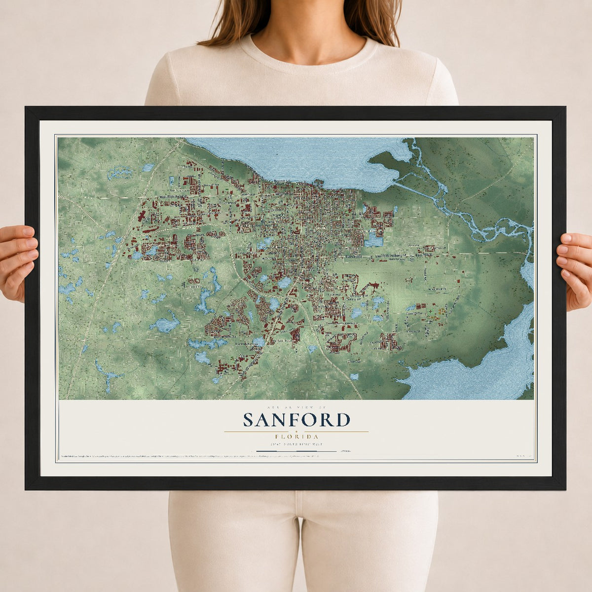 Sanford, Florida map print, 18" x 24" W/ Black Ayous Wood Frame mockup