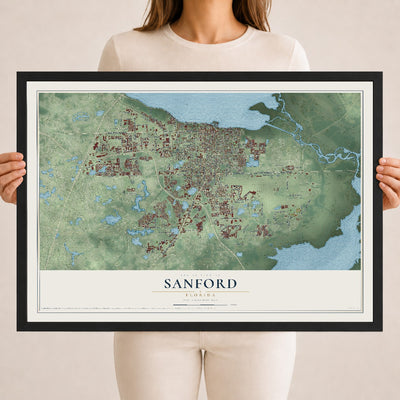 Sanford, Florida map print, 18" x 24" W/ Black Ayous Wood Frame mockup