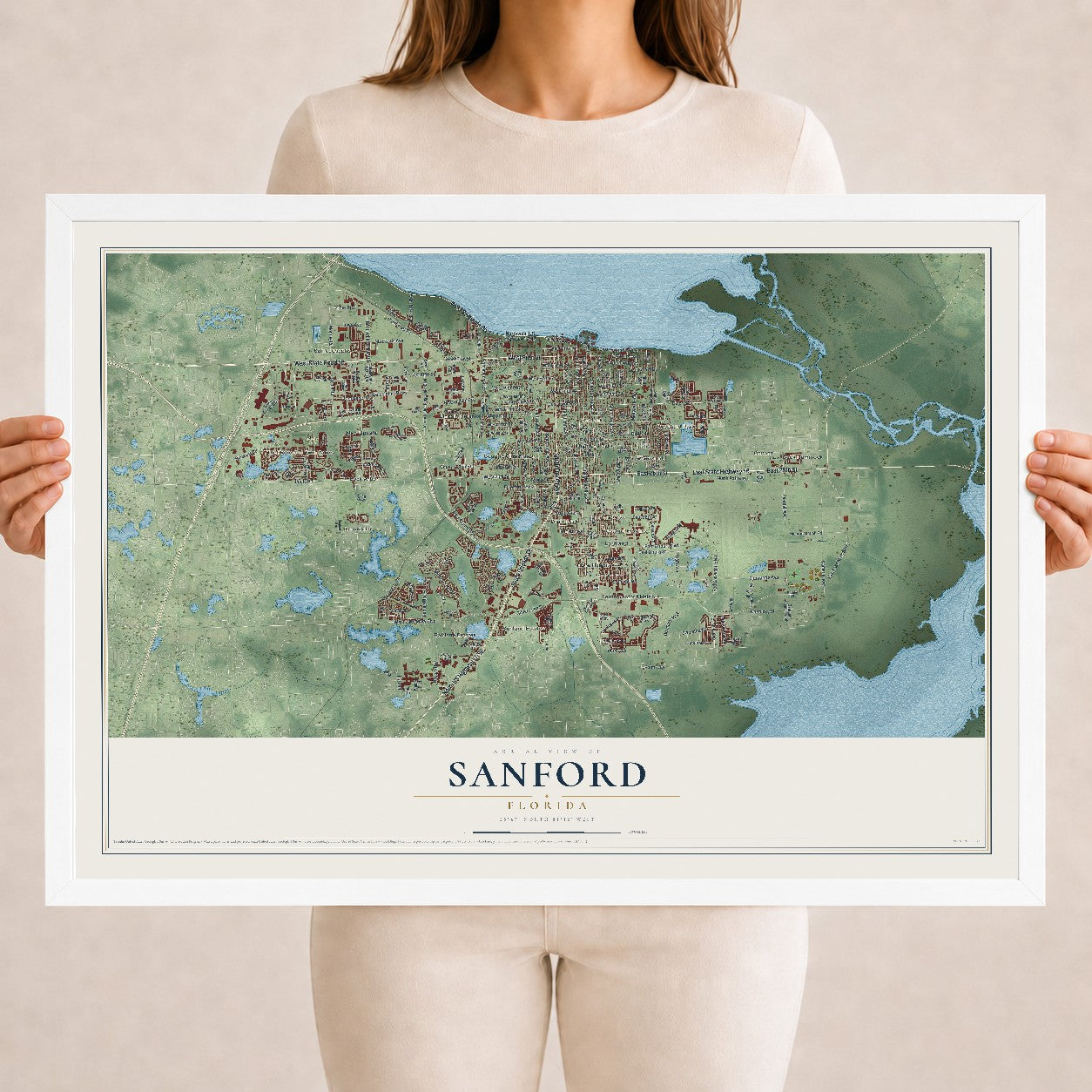 Sanford, Florida map print, 18" x 24" W/ White Ayous Wood Frame mockup