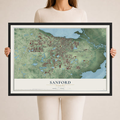 Sanford, Florida map print, 24" x 36" W/ Black Ayous Wood Frame mockup