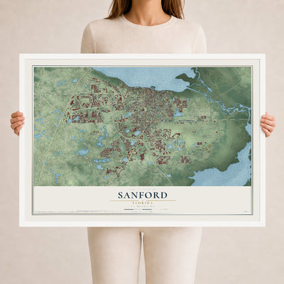 Sanford, Florida map print, 24" x 36" W/ White Ayous Wood Frame mockup