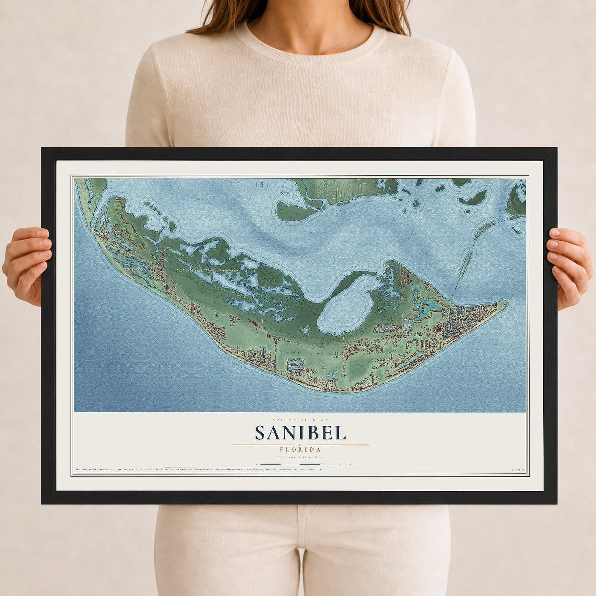 Sanibel, Florida map print, 12" x 18" W/ Black Ayous Wood Frame mockup