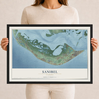 Sanibel, Florida map print, 12" x 18" W/ Black Ayous Wood Frame mockup