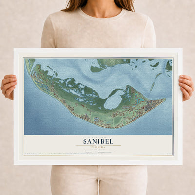 Sanibel, Florida map print, 12" x 18" W/ White Ayous Wood Frame mockup