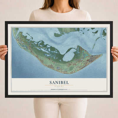 Sanibel, Florida map print, 18" x 24" W/ Black Ayous Wood Frame mockup