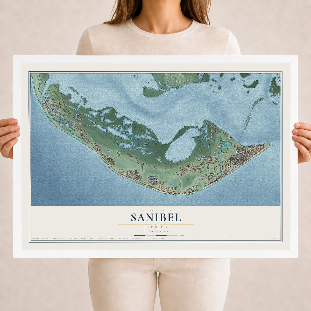 Sanibel, Florida map print, 18" x 24" W/ White Ayous Wood Frame mockup
