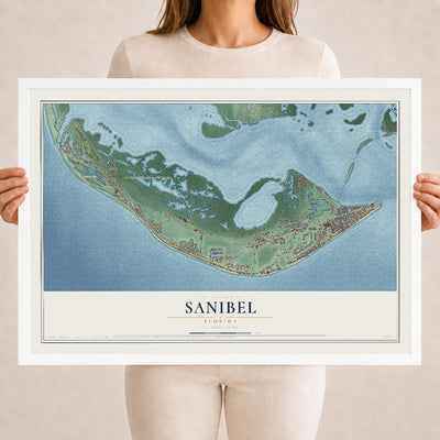 Sanibel, Florida map print, 18" x 24" W/ White Ayous Wood Frame mockup