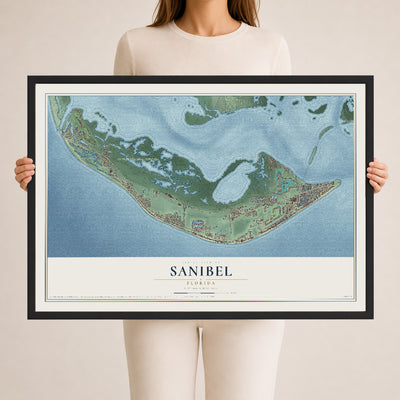 Sanibel, Florida map print, 24" x 36" W/ Black Ayous Wood Frame mockup