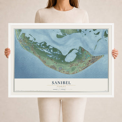 Sanibel, Florida map print, 24" x 36" W/ White Ayous Wood Frame mockup