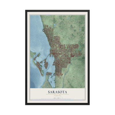 Sarasota, Florida map print, 12" x 18" W/ Black Ayous Wood Frame mockup