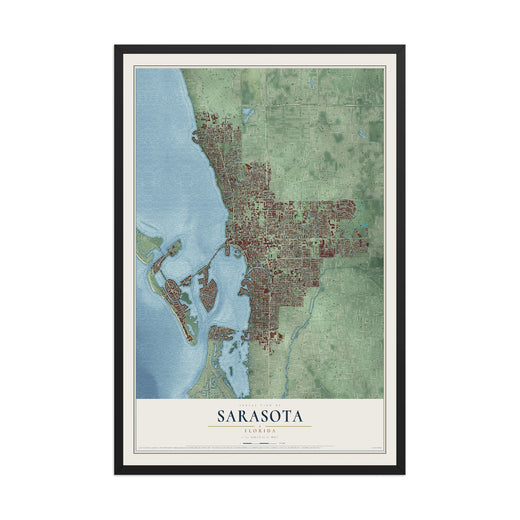 Map of Sarasota, Florida, 12 x 18 inch print in a black wood frame