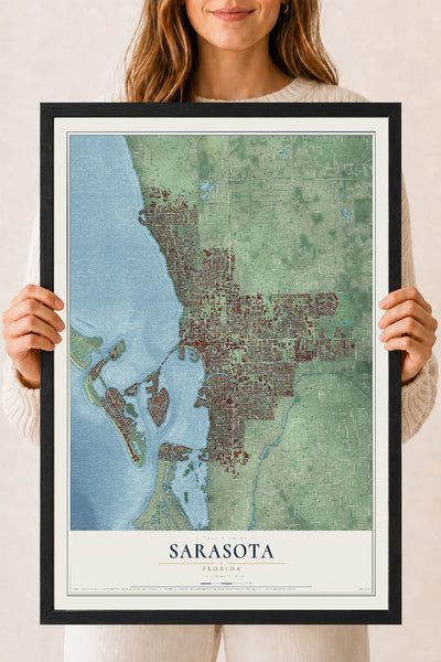 Sarasota, Florida map print, 18" x 24" W/ Black Ayous Wood Frame mockup