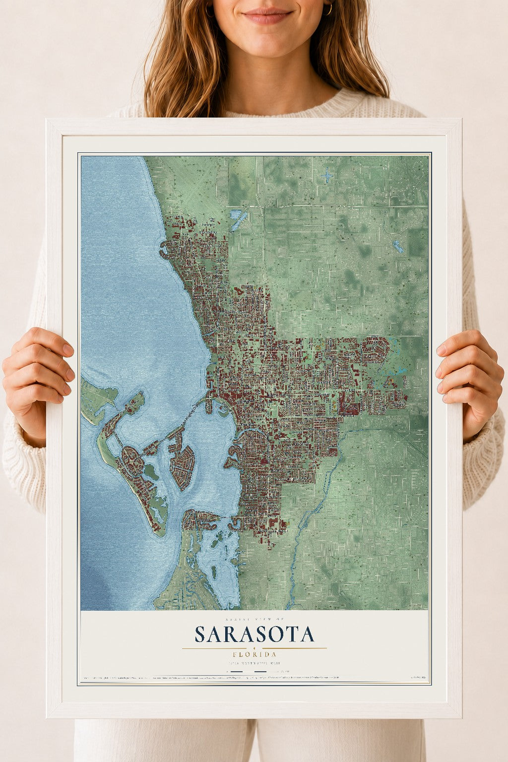 Sarasota, Florida map print, 18" x 24" W/ White Ayous Wood Frame mockup