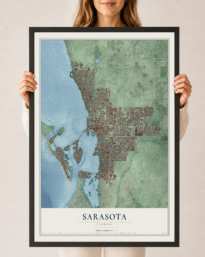 Sarasota, Florida map print, 24" x 36" W/ Black Ayous Wood Frame mockup