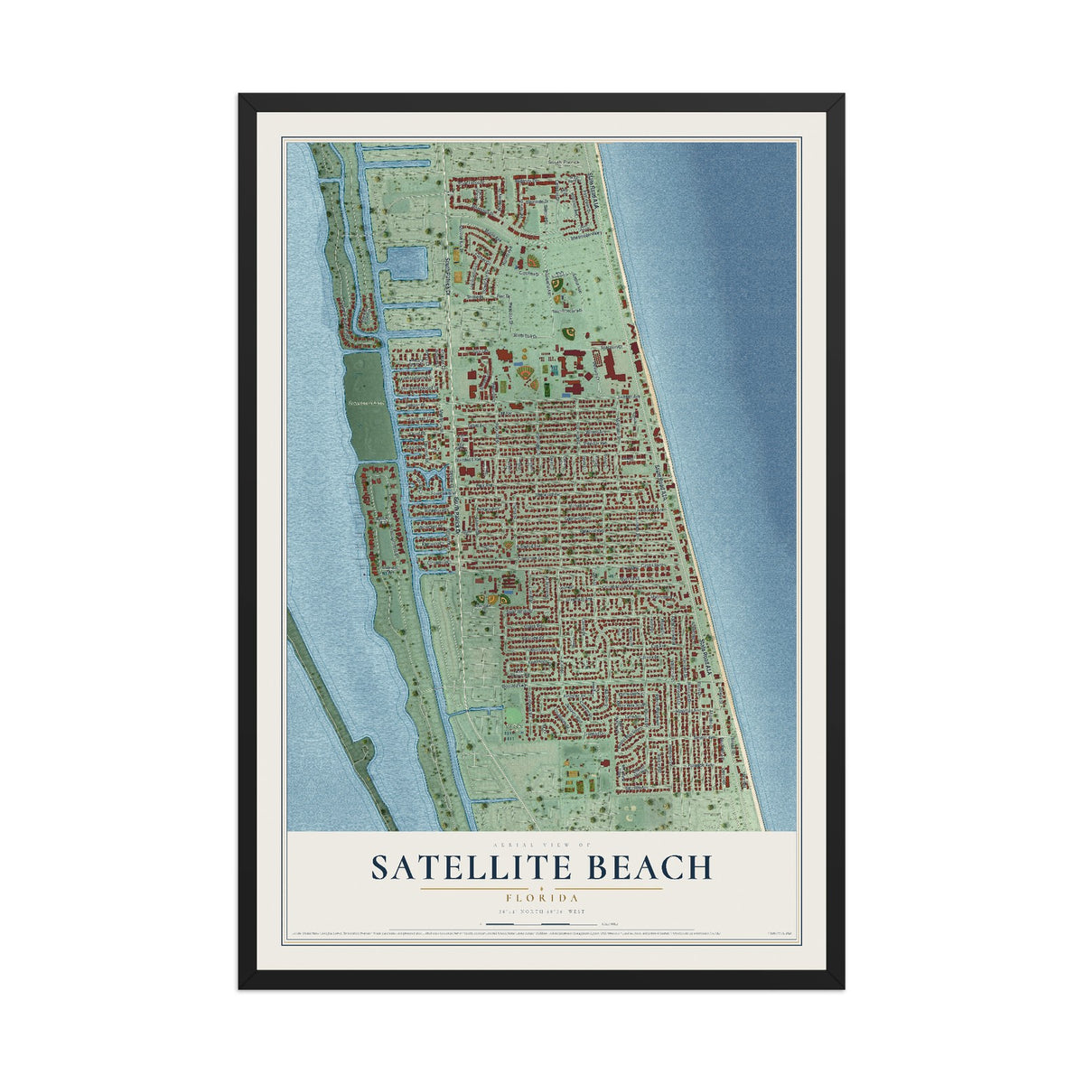 Satellite Beach, Florida map print, 12" x 18" W/ Black Ayous Wood Frame mockup