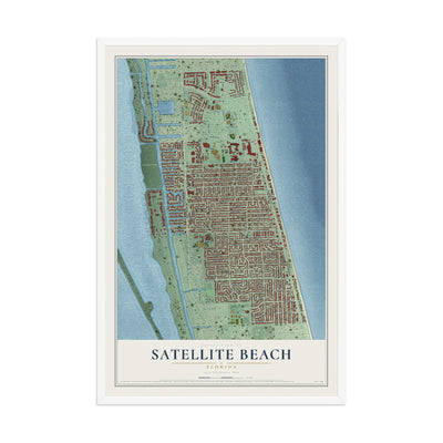 Satellite Beach, Florida map print, 12" x 18" W/ White Ayous Wood Frame mockup