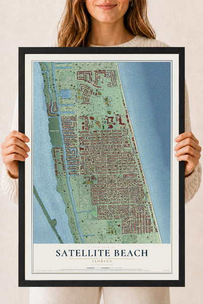 Satellite Beach, Florida map print, 18" x 24" W/ Black Ayous Wood Frame mockup