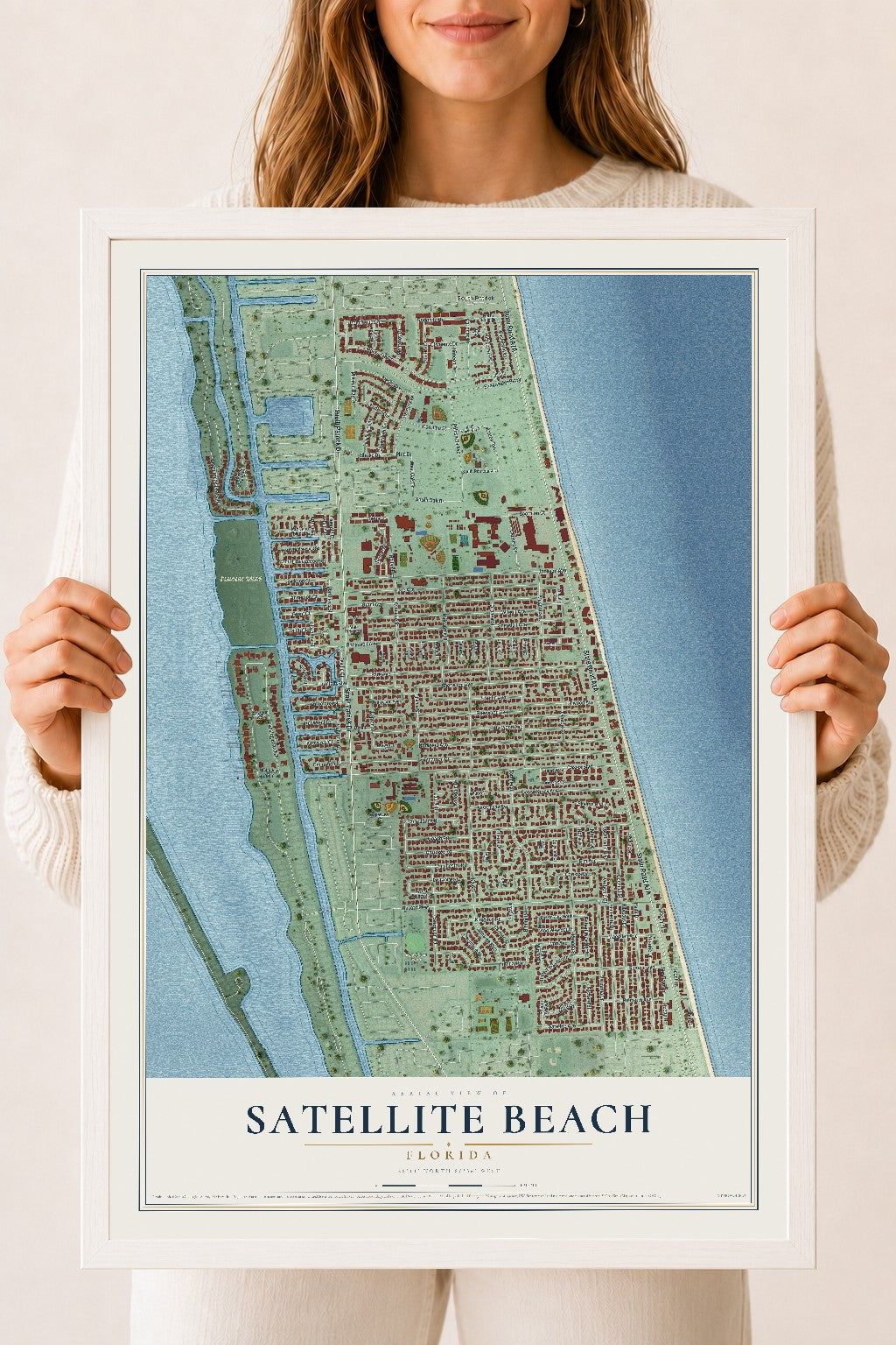 Satellite Beach, Florida map print, 18" x 24" W/ White Ayous Wood Frame mockup