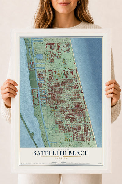 Satellite Beach, Florida map print, 18" x 24" W/ White Ayous Wood Frame mockup