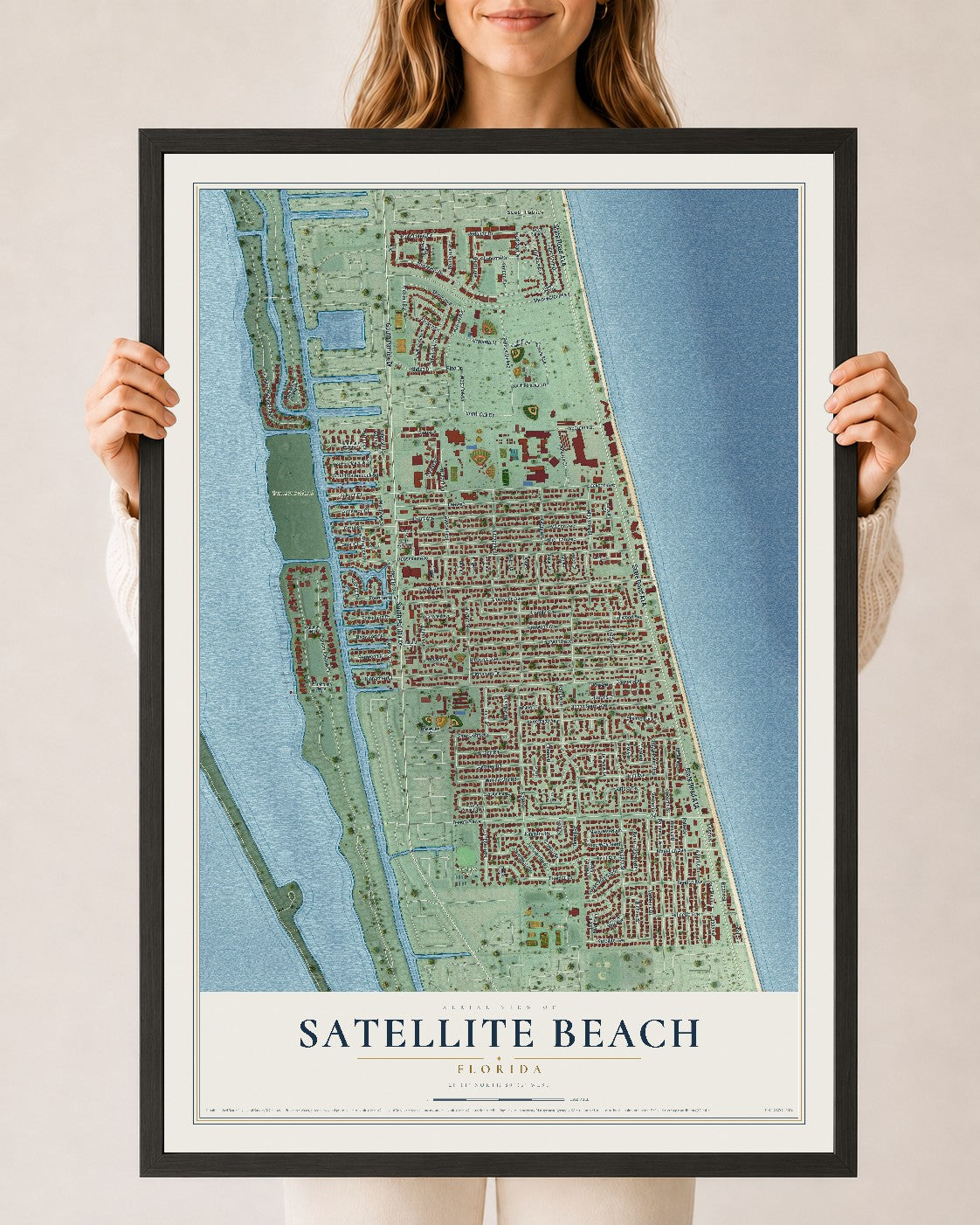 Satellite Beach, Florida map print, 24" x 36" W/ Black Ayous Wood Frame mockup