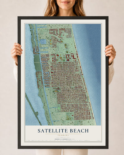 Satellite Beach, Florida map print, 24" x 36" W/ Black Ayous Wood Frame mockup