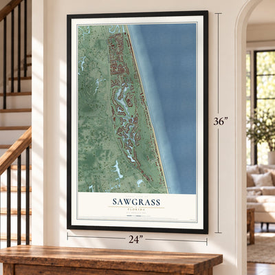 Sawgrass, Florida map, 24 x 36 inch print in a black frame by a staircase
