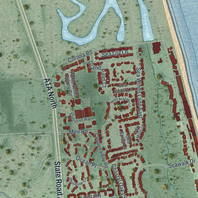 Close-up of the map of Sawgrass, Florida print showing street and building detail