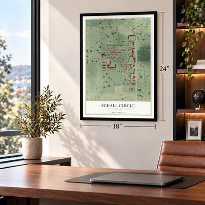 Schall Circle, Florida map, 18 x 24 inch print in a black frame in a home office