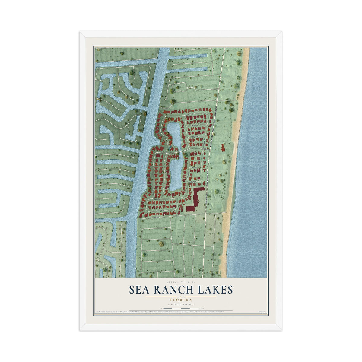 Sea Ranch Lakes, Florida map print, 12" x 18" W/ White Ayous Wood Frame mockup