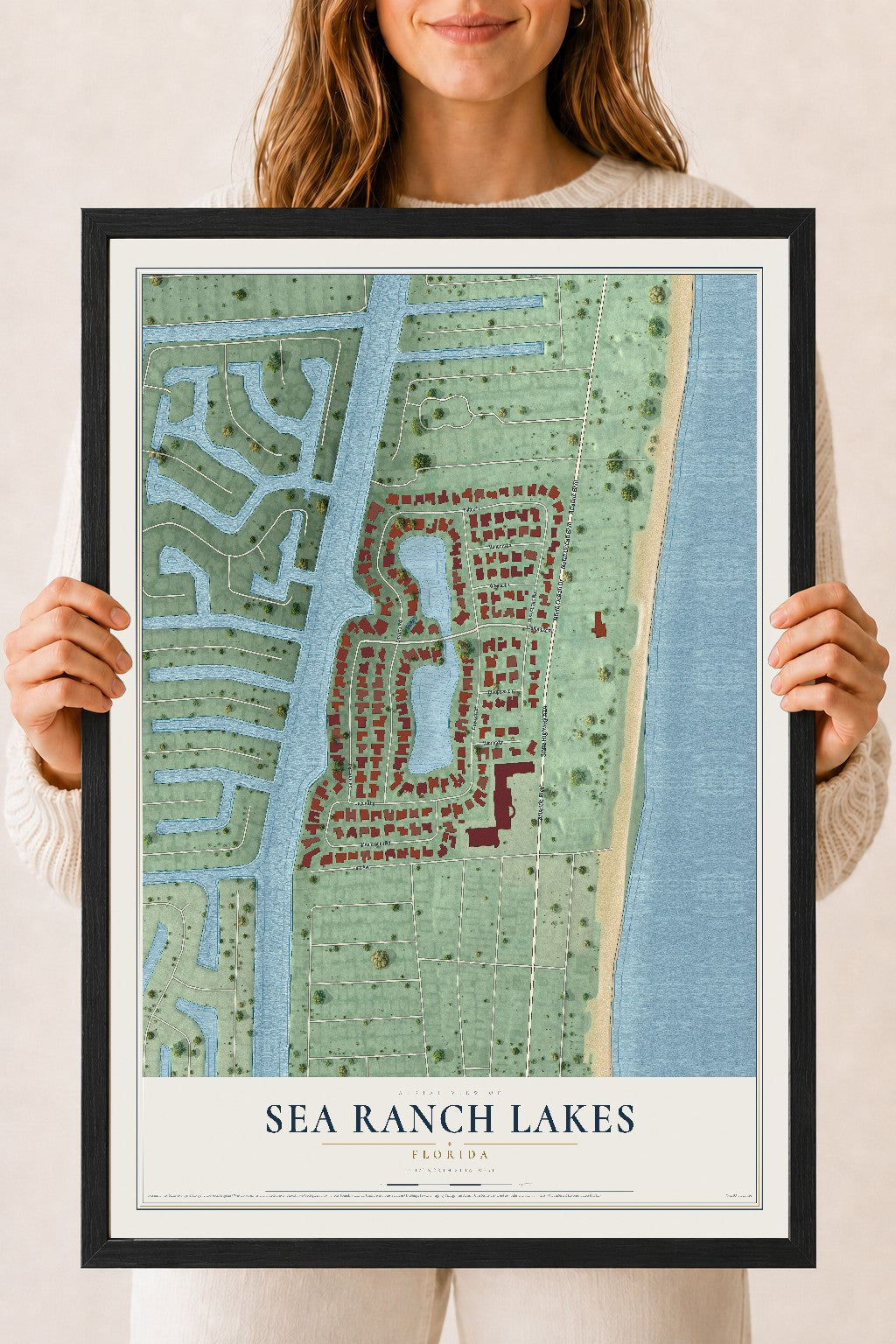 Sea Ranch Lakes, Florida map print, 18" x 24" W/ Black Ayous Wood Frame mockup