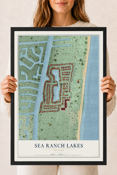 Sea Ranch Lakes, Florida map print, 18" x 24" W/ Black Ayous Wood Frame mockup