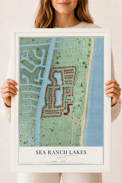 Sea Ranch Lakes, Florida map print, 18" x 24" W/ White Ayous Wood Frame mockup