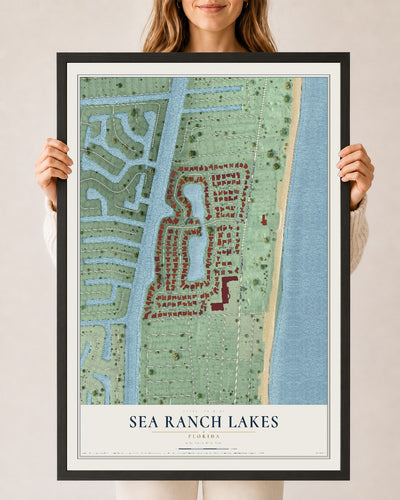 Sea Ranch Lakes, Florida map print, 24" x 36" W/ Black Ayous Wood Frame mockup